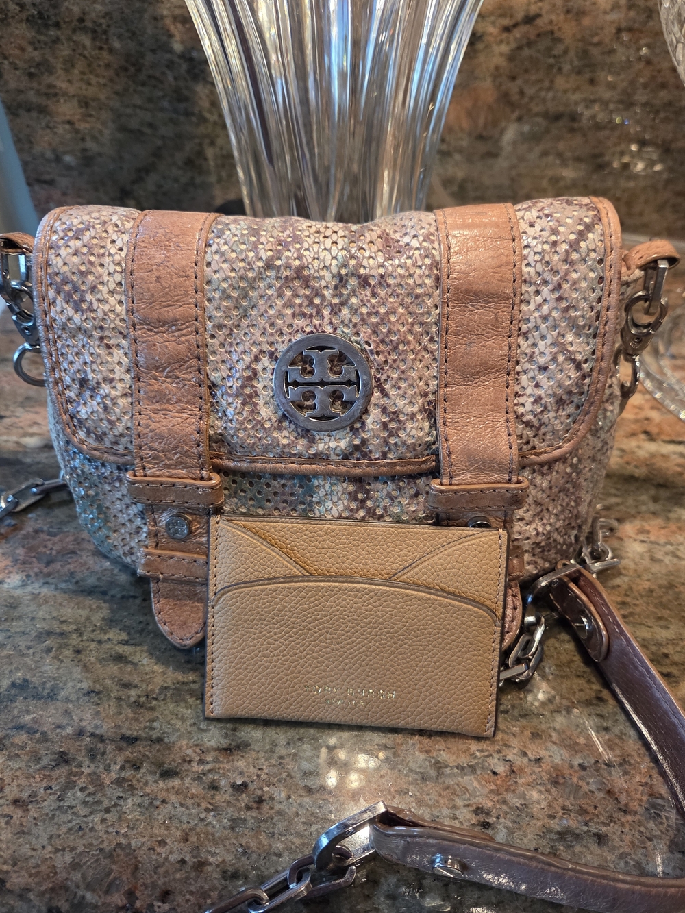 Tory Burch Tan Snake-Effect Crossbody Bag And Cardholder